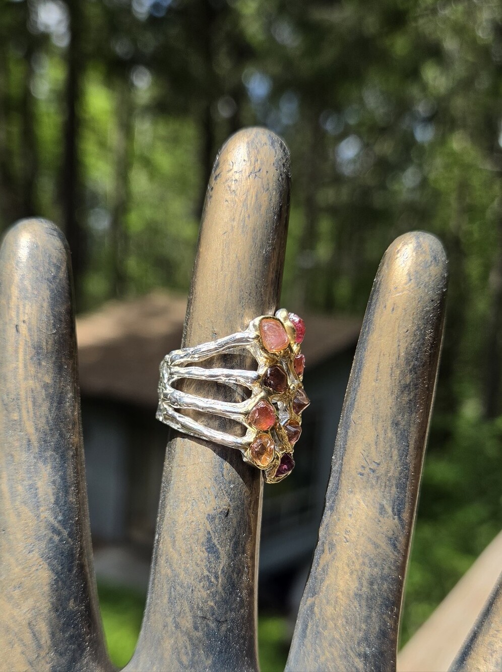 Tourmaline Natural Multi Color Sterling & Gold Finger Cuff Sz7 - Picture 6 of 8